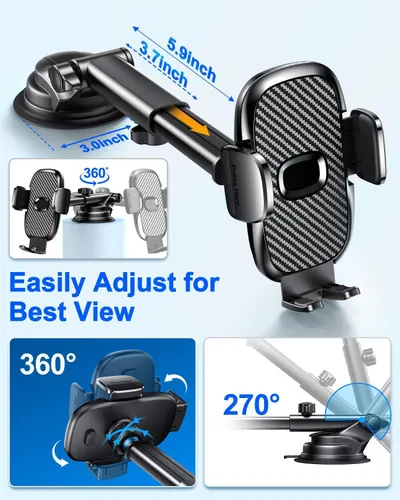 Communicates the physical dimensions and adjustability of the phone mount to help shoppers understand its size and flexibility for optimal viewing angles. Highlights multiple adjustment features and…