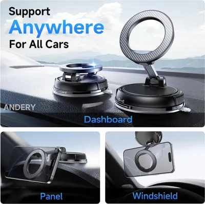 Demonstrates the product's versatility by showing three different mounting locations in a vehicle (dashboard, panel, and windshield), reassuring shoppers that the phone mount works in multiple…