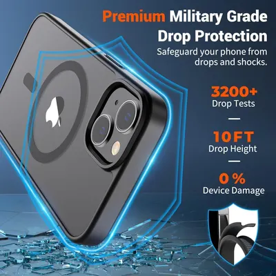 Communicates the phone case's exceptional drop protection performance through quantifiable metrics (3200+ tests, 10ft height, 0% damage) to reassure shoppers of its military-grade durability and…