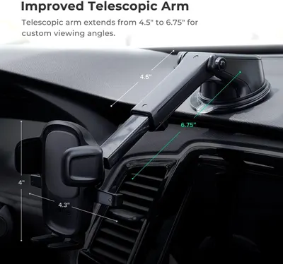 Communicates the physical dimensions and adjustability of the telescopic arm, showing it extends from 4.5 inches to 6.75 inches to allow custom viewing angles for the mounted device.