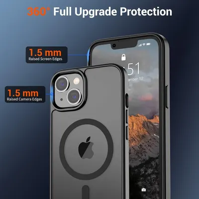 Highlights the protective design features of the phone case, specifically the 1.5mm raised edges around the screen and camera to prevent scratches and damage. Communicates multiple protective…