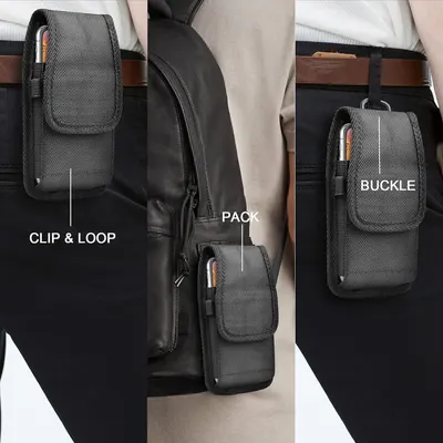 Demonstrates the product's versatility by showing three different ways to carry or attach the pouch (clip & loop on belt, attached to backpack, and buckle attachment), reassuring shoppers of its…