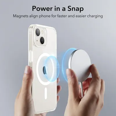 Demonstrates how the magnetic charger aligns and attaches to the phone for easy wireless charging, reassuring shoppers about the simplicity and convenience of use. Highlights the magnetic alignment…