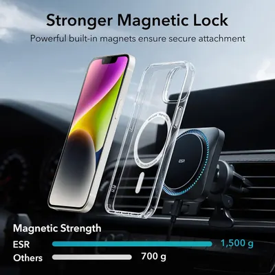 Demonstrates the superior magnetic holding power of the ESR product compared to competitors, reassuring shoppers that their phone will stay securely attached to the car mount. Visually compares the…
