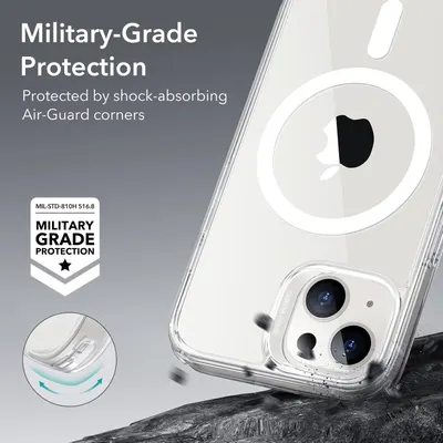 Highlights the phone case's military-grade drop protection by pointing to the shock-absorbing Air-Guard corner technology, reassuring shoppers of its durability and safety certification.…