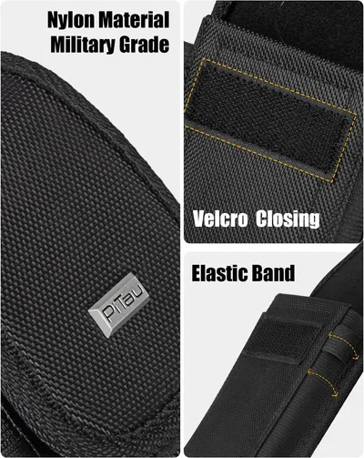 This image breaks down the product's key physical components and construction features—military-grade nylon material, velcro closure system, and elastic band—to communicate durability, quality, and…