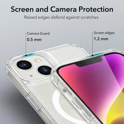 Highlights the protective design features of the phone case, specifically the raised edges that defend against scratches on both the screen and camera, reassuring shoppers of comprehensive device…