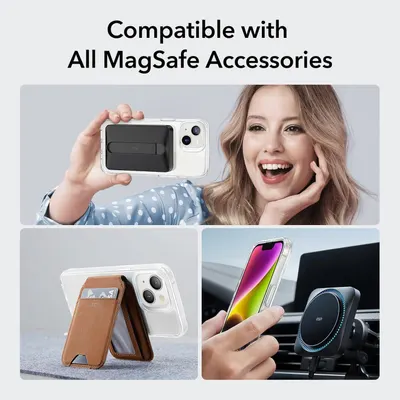 Demonstrates the product's compatibility with all MagSafe accessories by showing multiple real-world applications including wallet attachment, kickstand functionality, and car mount usage. Reassures…