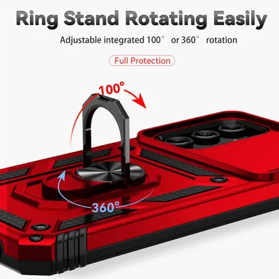 Highlights the adjustable ring stand feature with dual rotation capabilities (100° and 360°) to demonstrate the product's functional design and versatility for hands-free viewing. Communicates the…