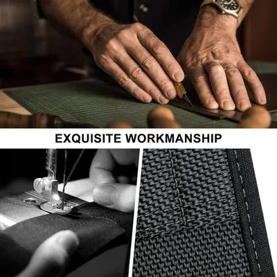 Communicates the product's superior craftsmanship and attention to detail through multiple visual panels showing hand-cutting, machine stitching, and woven material close-ups to build trust in…
