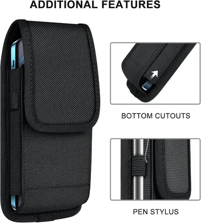 Highlights multiple functional design features of the phone case—bottom cutouts for port access and an integrated pen stylus holder—to demonstrate the product's practical versatility and convenience.