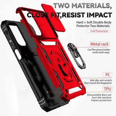 Breaks down the phone case's physical components and materials to show shoppers how the dual-layer construction (hard PC + soft TPU) and integrated metal kickstand work together to provide full…