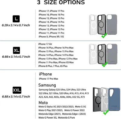 Helps shoppers identify which size variant of the phone case fits their specific device model by showing the three available size options (L, XL, XXL) with comprehensive compatibility lists and…