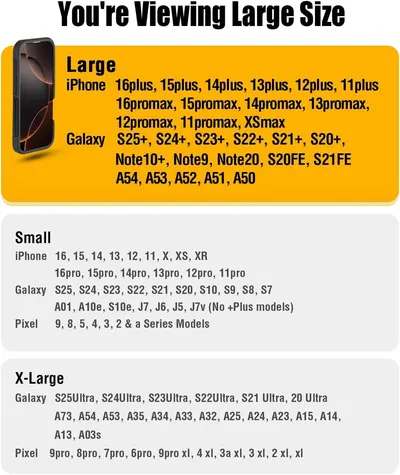 Shows which phone models and sizes the product is compatible with, helping shoppers quickly determine if it fits their specific device.