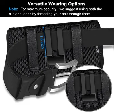 Demonstrates how to wear and attach the holster using both clip and belt loops for maximum security, providing clear visual guidance on the threading method. Highlights the product's versatile…