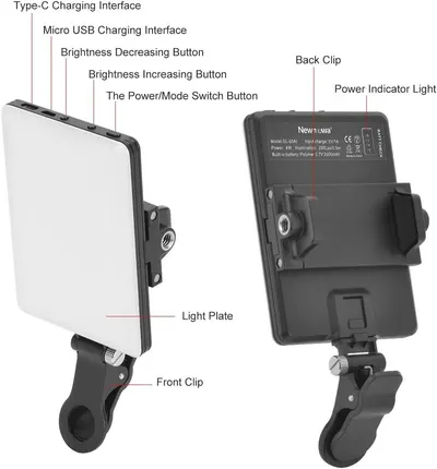This image breaks down the physical components and controls of the LED light panel, helping shoppers understand the product's structure, button functions, charging options, and mounting features.