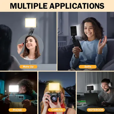Demonstrates the versatility of the lighting product by showing five distinct use scenarios—makeup application, selfies, phone photography, camera work, and video calls—to reassure shoppers that…