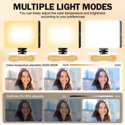 Demonstrates the product's versatility by showing multiple adjustable light modes (color temperature from 2500K-9000K and brightness from 0-100%) with visual examples of how each setting affects…