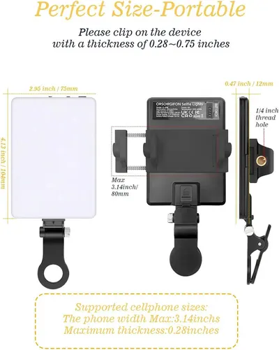 Communicates the exact physical dimensions of the selfie light product and specifies the device thickness and width compatibility to help shoppers determine if it will fit their phone or tablet.