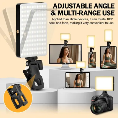 Demonstrates the LED light's versatility by showing it can be used with multiple devices (desktop monitor, smartphones, laptop, camera) in various configurations, reassuring shoppers of its…