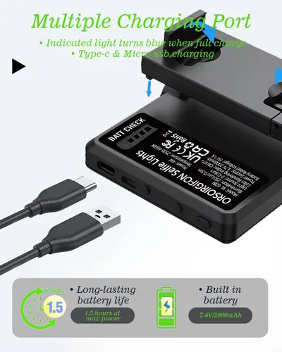 Communicates multiple key benefits of the product including its charging versatility (Type-C & Micro USB), battery longevity (1.5 hours at max power), and built-in battery capacity (7.4V/2000mAh) to…