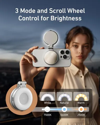 Highlights the product's adjustable brightness feature with three color temperature modes (White, Natural, Warm) and scroll wheel control, reassuring shoppers of customizable lighting for…