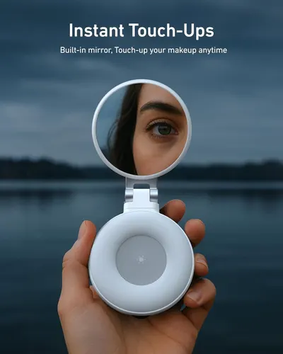 Highlights the convenience of the built-in mirror feature, allowing users to touch up makeup anytime, anywhere, emphasizing portability and on-the-go functionality.