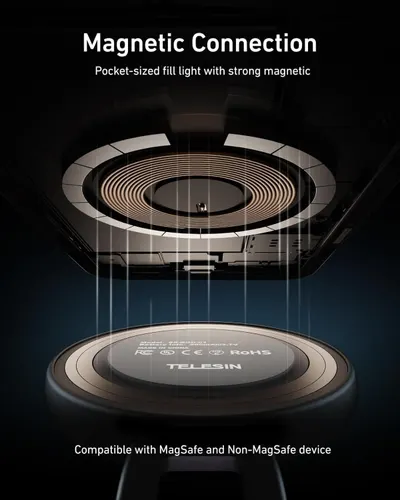 Demonstrates the internal magnetic connection mechanism and coil structure of the wireless charger to help shoppers understand how the magnetic attachment works. Displays safety certifications…