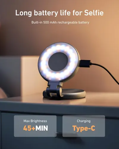 Communicates multiple key benefits of the selfie ring light: extended battery life for selfies, 45+ minutes of maximum brightness runtime, and convenient Type-C charging capability.