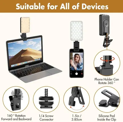 Demonstrates the product's versatility by showing it can be used with multiple devices (laptop, smartphone, speaker) and highlights key features like 360° rotation, adjustable clips, and mounting…