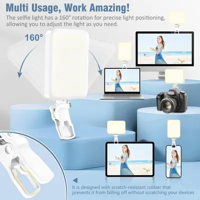 Communicates multiple distinct benefits of the selfie light: adjustable 160° rotation for precise positioning, protective rubber design to prevent device scratching, and versatility across multiple…
