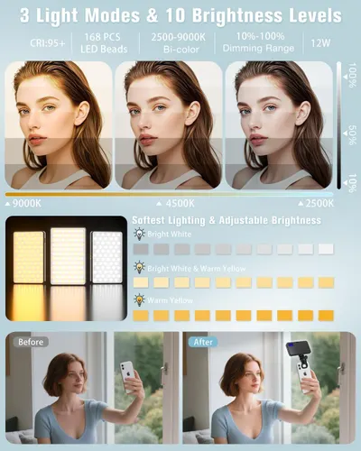 Demonstrates the product's versatile lighting capabilities including multiple color temperature modes (warm to cool), extensive brightness adjustment options, and high-quality LED specifications to…