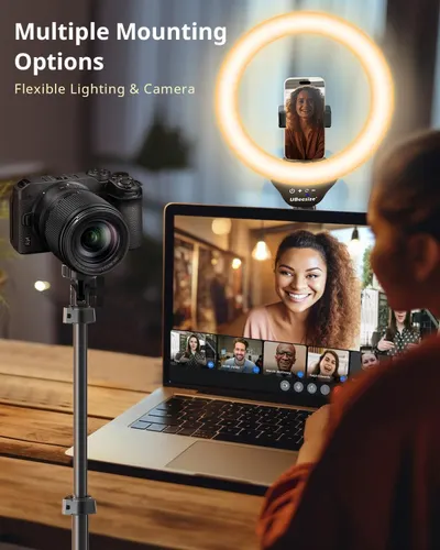 Demonstrates the product's versatility by showing multiple use cases—mounting a camera on a tripod and using a ring light with a phone for video calls—to communicate that the product is flexible and…