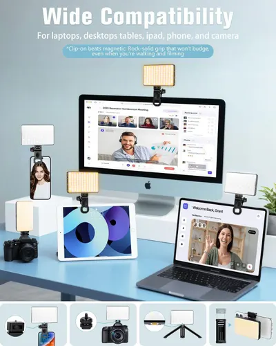 Demonstrates the product's versatility by showing it works with multiple devices (laptops, desktops, tablets, iPads, phones, and cameras), reassuring shoppers that it will fit their specific use case.