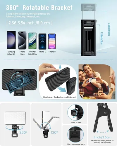Demonstrates the bracket's versatility by showing compatibility with various phone brands and models, multiple rotation capabilities, and different use cases including photography, video calls, and…