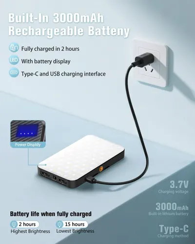 Communicates multiple key benefits of the rechargeable battery including capacity, charging speed, display feature, charging interface options, and runtime at different brightness levels to help…