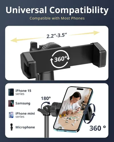 Demonstrates that the phone holder is compatible with multiple phone models (iPhone 15, Samsung, iPhone mini, microphone) and highlights its adjustable features (2.2-3.5 inch width, 360° rotation)…
