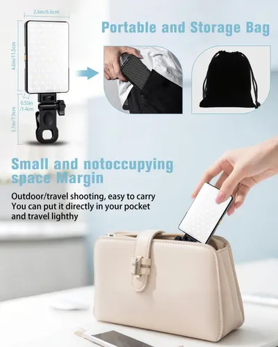 Communicates the product's small physical dimensions with exact measurements and demonstrates its portability by showing it fits easily in a pocket or purse, reassuring shoppers it's…
