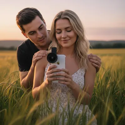 Demonstrates the product (phone lens attachment) being used in a natural, real-world setting to create an emotional connection and show the product in context.