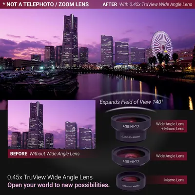 Demonstrates the dramatic difference in field of view when using the wide angle lens attachment, showing how much more of the scene can be captured compared to shooting without the lens. Showcases…