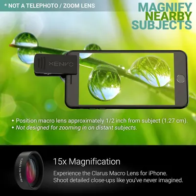 Demonstrates the macro lens's ability to magnify nearby subjects with clear visual segmentation showing usage instructions and magnification power to convince shoppers of its close-up photography…