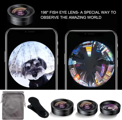 Demonstrates the dramatic wide-angle capability of the 198° fish eye lens by showing example photos taken with the product, emphasizing its ability to capture unique, immersive perspectives. Shows…