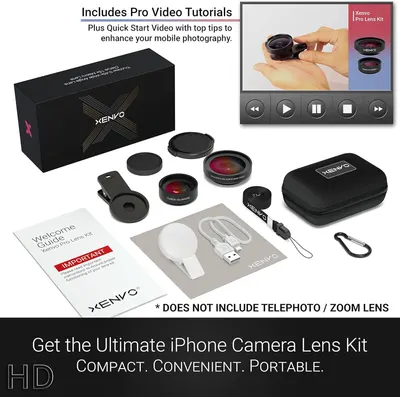 Shows everything included in the kit to help shoppers understand the complete value and contents they will receive, including lenses, case, accessories, and educational video tutorials.