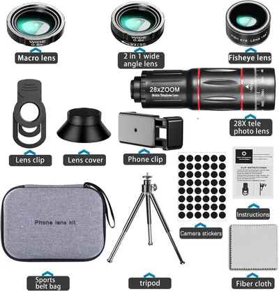 Shows all the items included in the phone lens kit purchase, helping shoppers understand the complete value and contents of the bundle.
