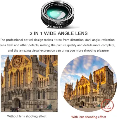 Demonstrates the transformation in photo quality when using the 2-in-1 wide angle lens, showing how it captures more of the scene with improved visual expression compared to shooting without the lens.