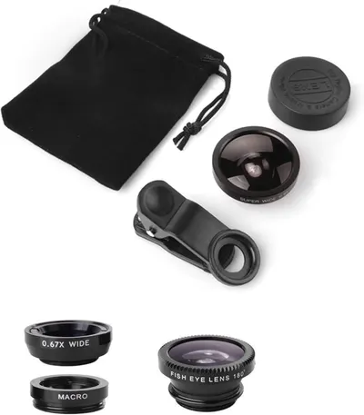 Shows all the components included in the purchase—multiple lens attachments, clip, protective caps, and carrying pouch—to communicate the complete value and versatility of the kit.