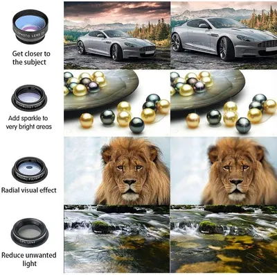 Demonstrates the multiple photographic effects and capabilities of different lens attachments, showing shoppers the variety of creative options they can achieve with this lens kit.