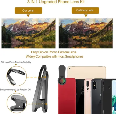 Demonstrates the superior image quality of this phone lens compared to an ordinary lens through a side-by-side photo comparison, showing sharper detail and better clarity. Shows the product's…