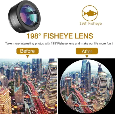 Demonstrates the visual transformation achieved by using the 198° fisheye lens, showing shoppers the dramatic wide-angle effect they can create with this product.