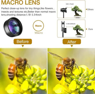 Demonstrates the superior image quality and detail achieved when using the macro lens, showing a clear transformation from blurry to sharp close-up photography. Compares this product's macro lens…